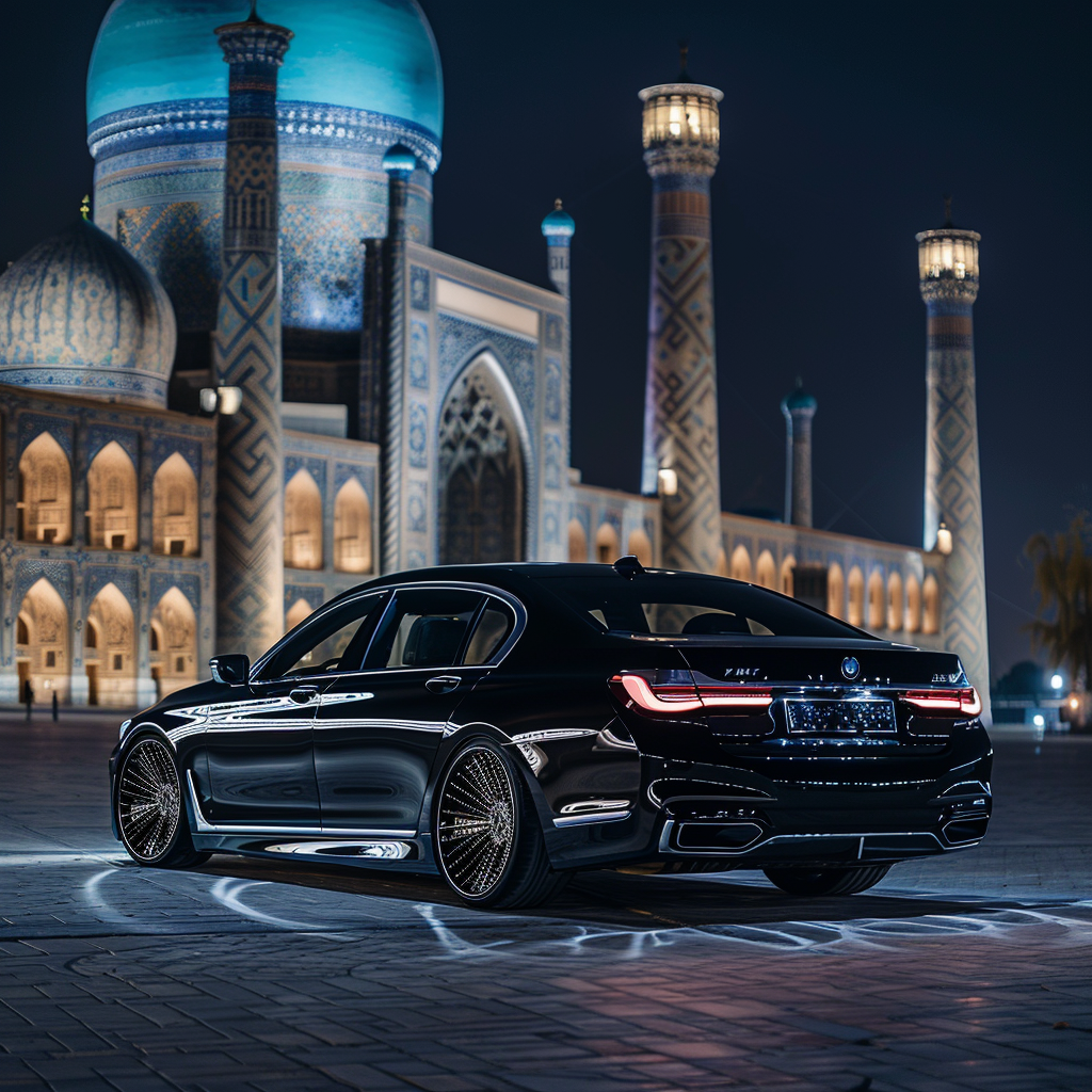 Black BMW Samarkand background night