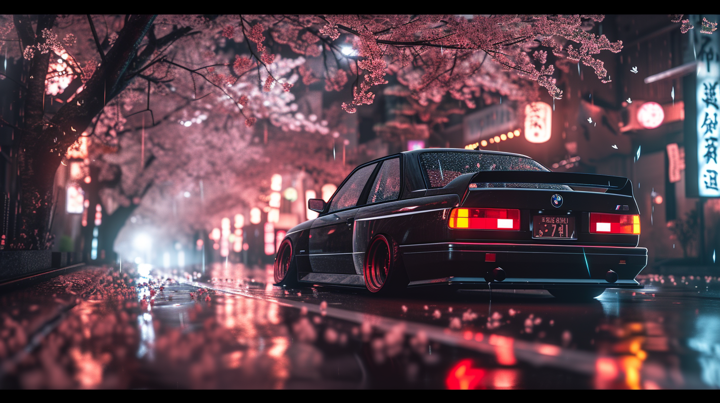 Black BMW M3 driving in Japanese street at night in the rain