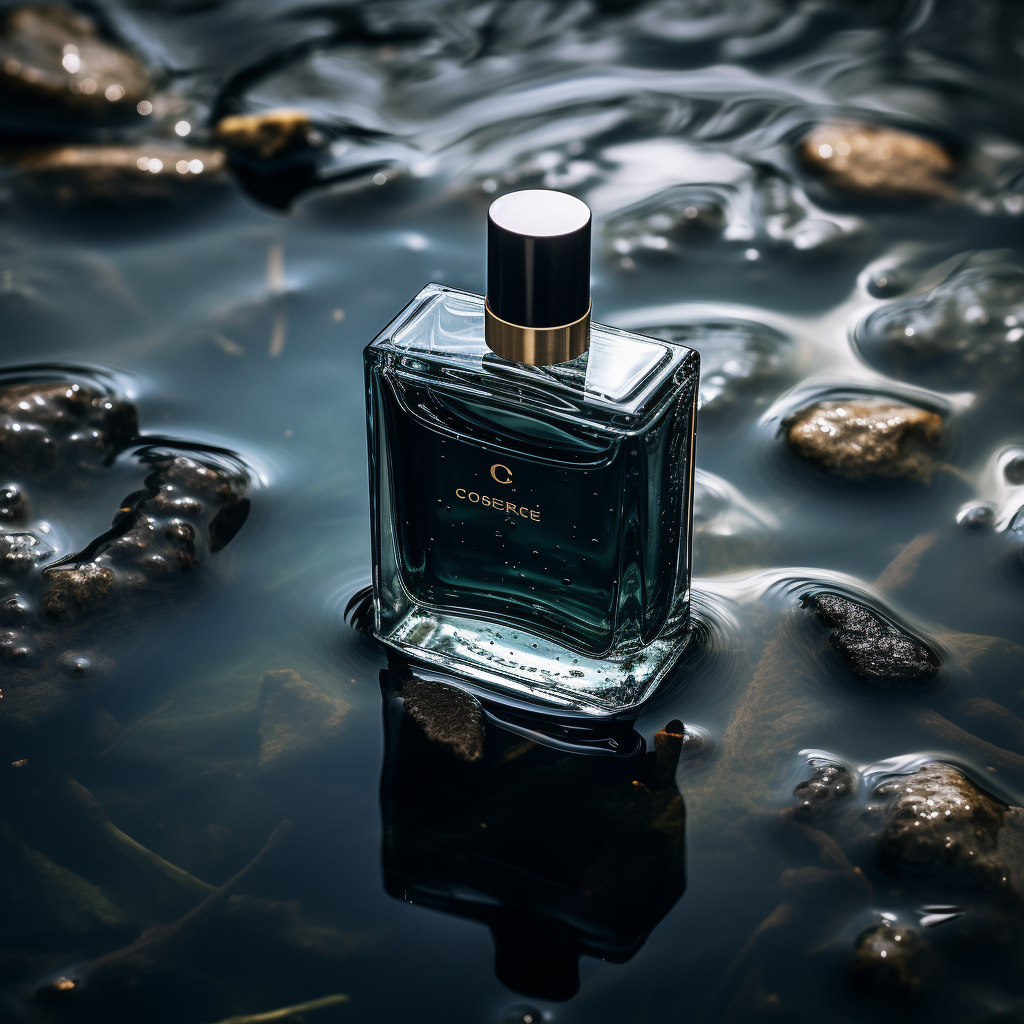 Black perfume bottle floating above water