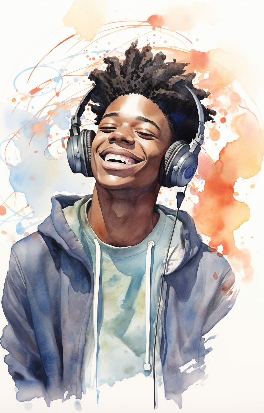 Illustration of a happy black boy listening to music