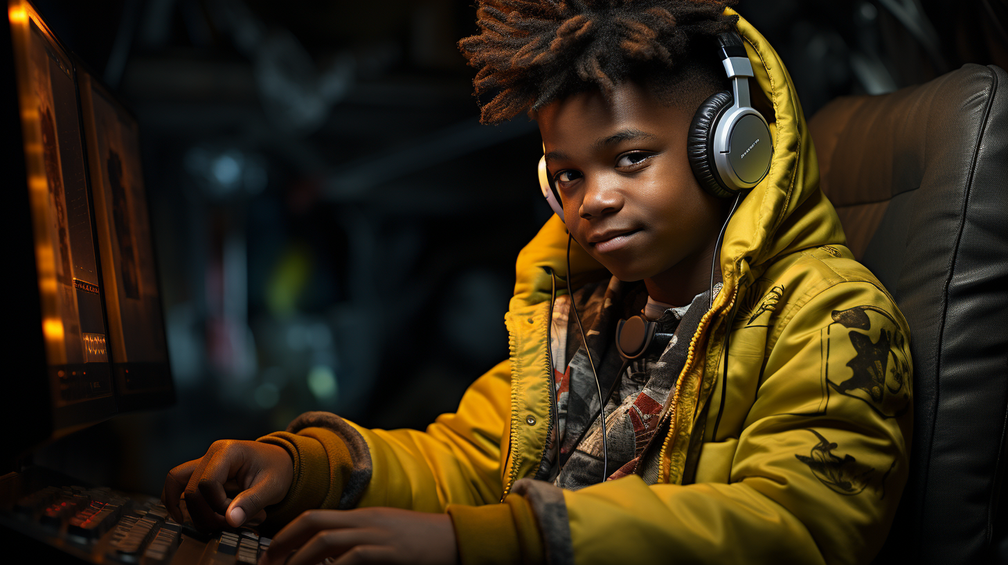 Young black boy enjoying video game