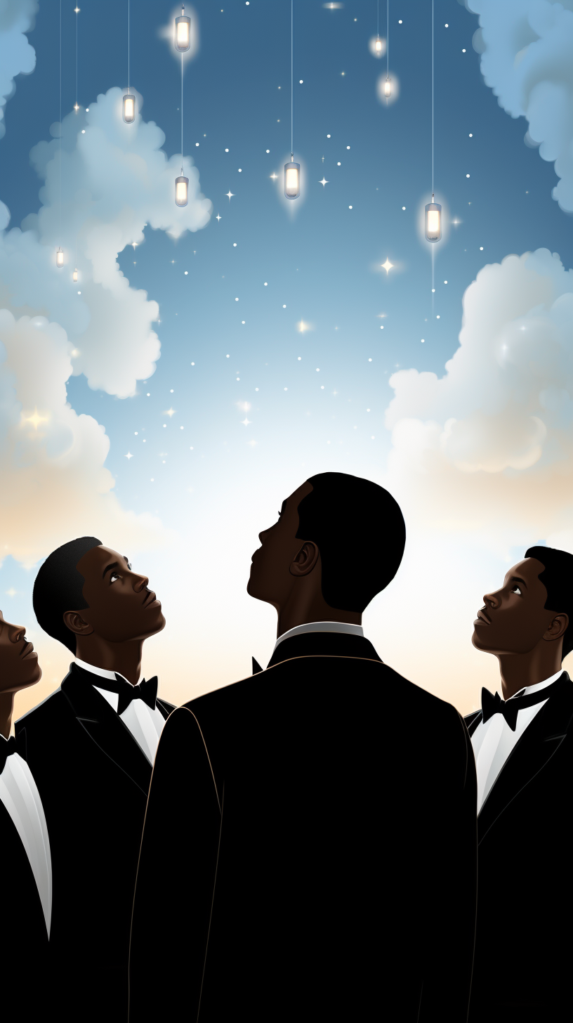 Black boy in a tuxedo looking at the sky.