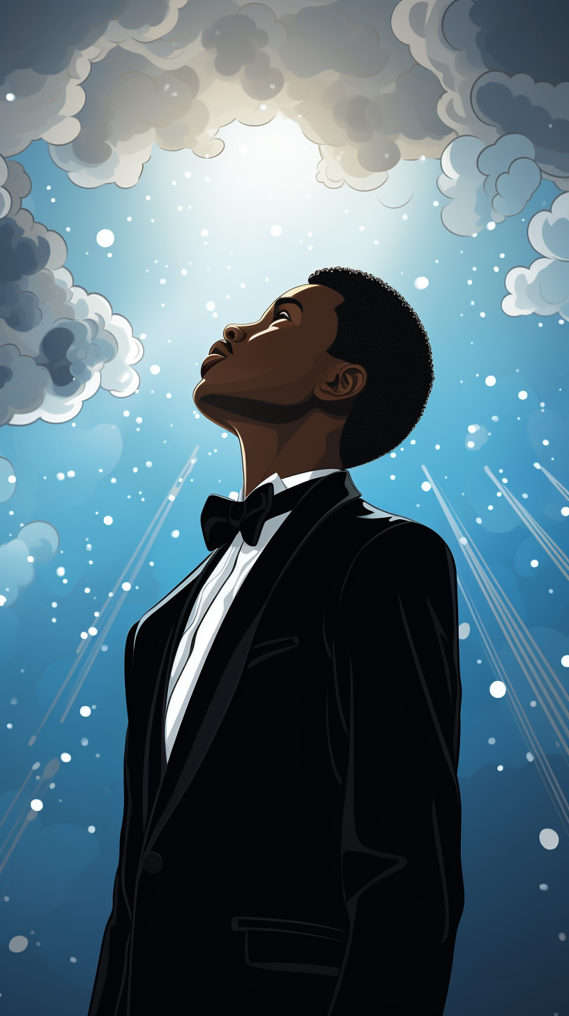 Stylish black boy in tuxedo gazing at the sky