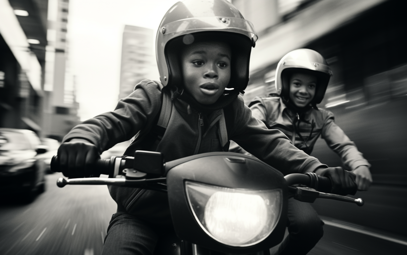 Two black boys speeding on a scooter through traffic