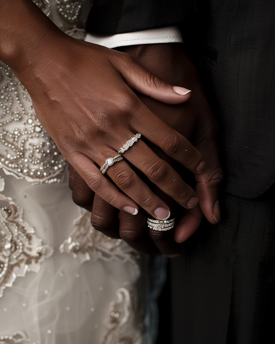 Black bride and groom hands with wedding rings