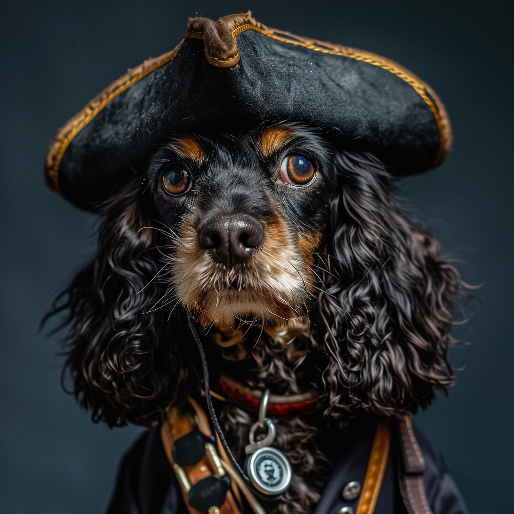 Adorable Cocker Spaniel dressed as a pirate with stethoscope