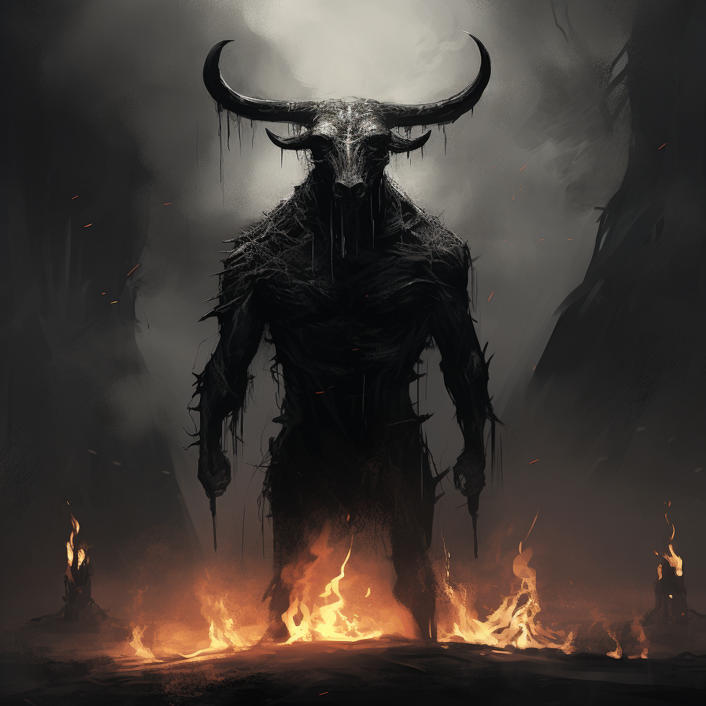 Eerie black bull surrounded by fire