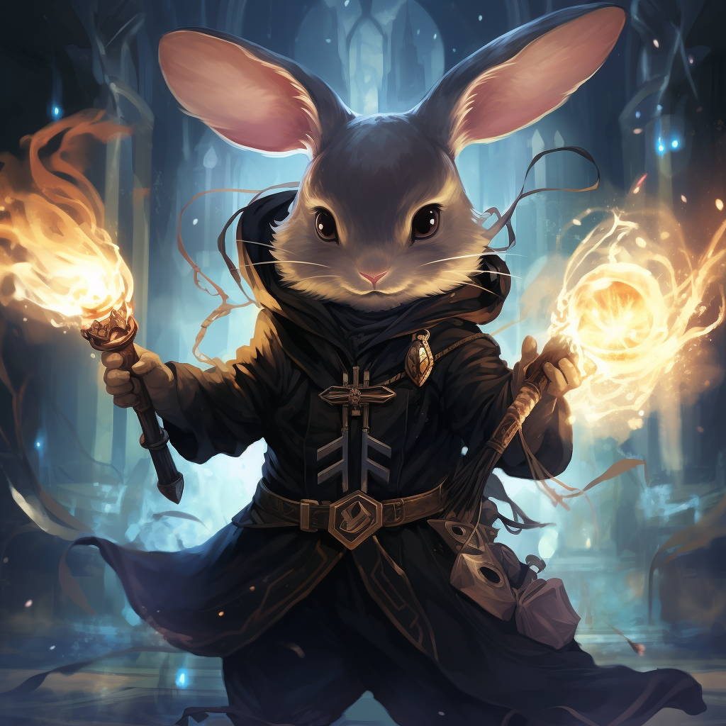 Adorable black bunny rabbit wizard casting a spell