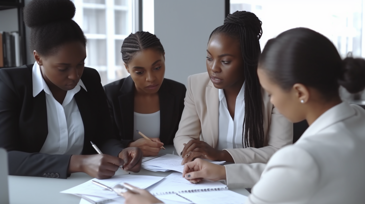 Black businesspeople discussing charts and paperwork