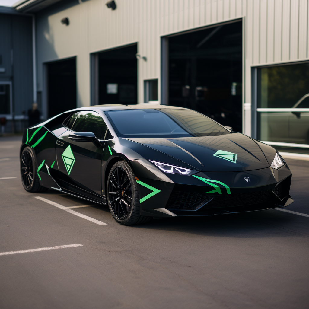 Black car with green Ethereum classic vinyl wrap