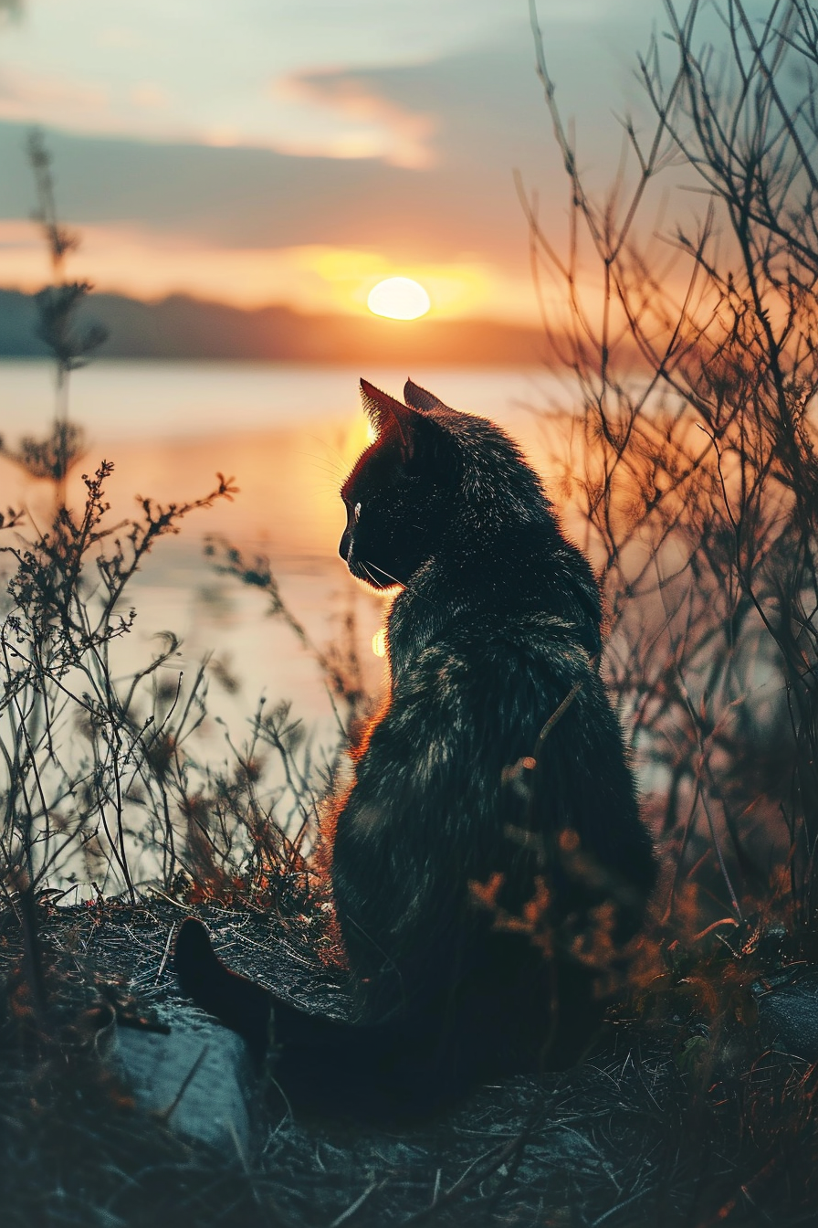 Black Cat and Sunset by the River