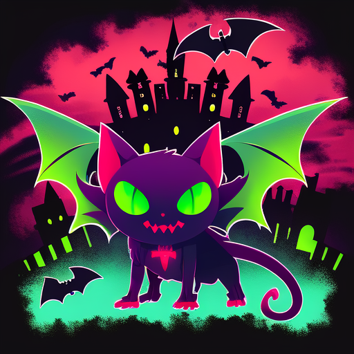 Black cat with bat wings in vampire castle