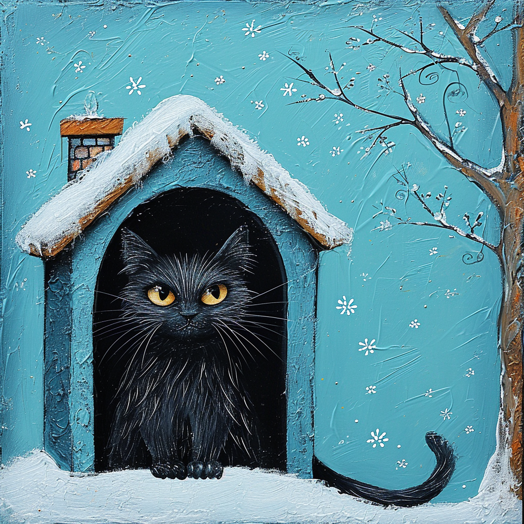 Black cat on blue background in winter