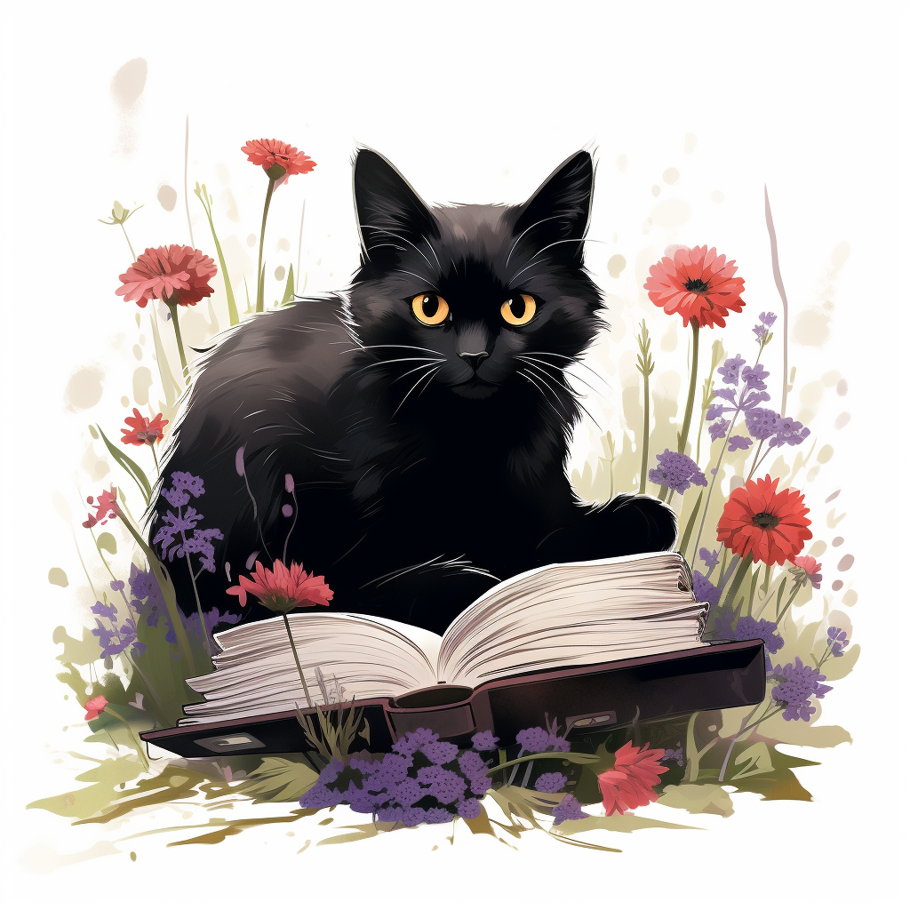 Vibrant Cat on Book with Wildflowers