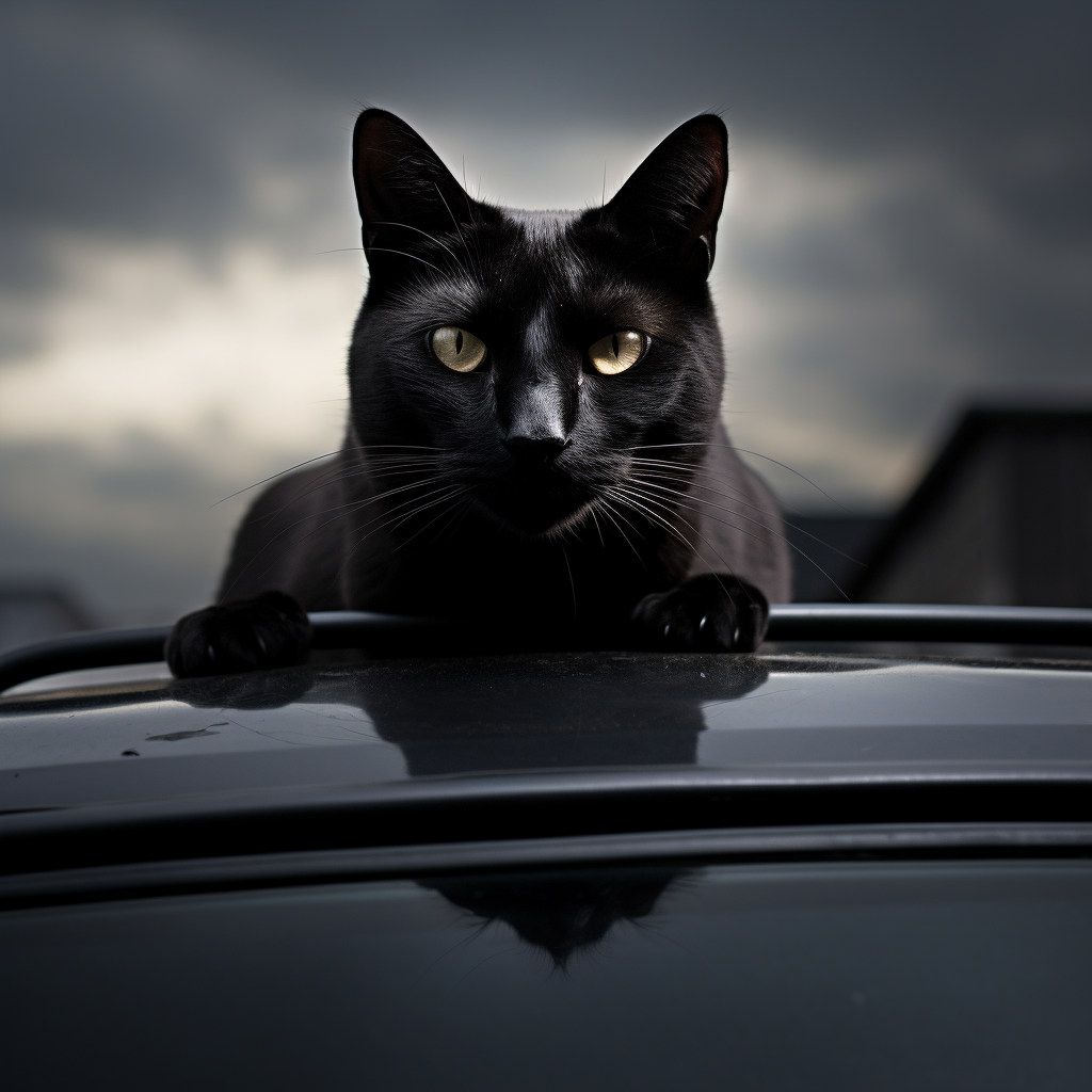 Black cat on car hood