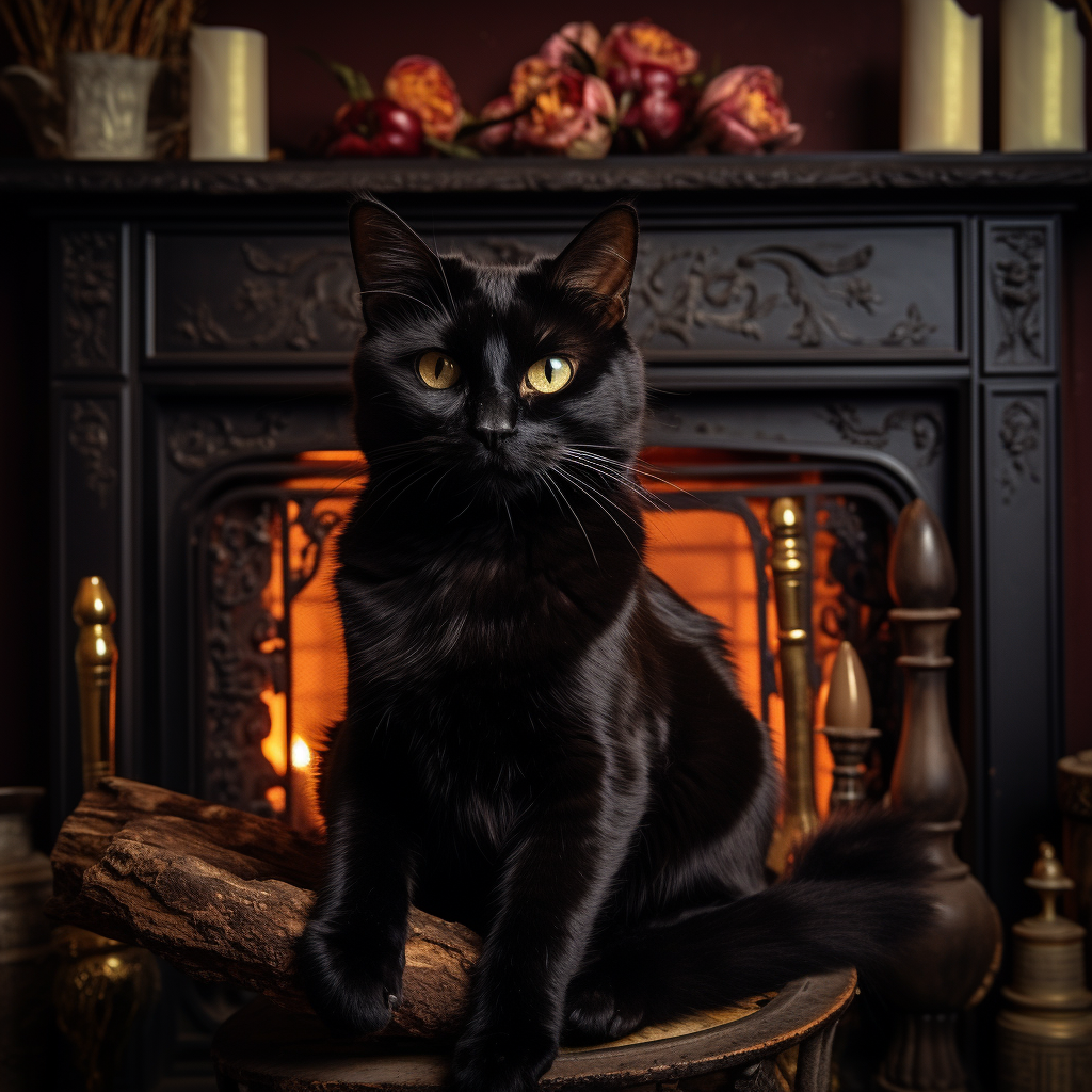 Black cat enjoying warmth of fireplace