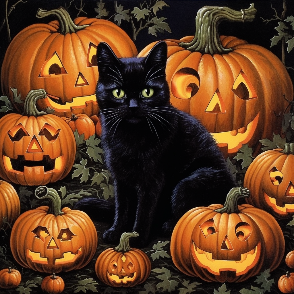 Black cat wearing Halloween pumpkin cloth textiles