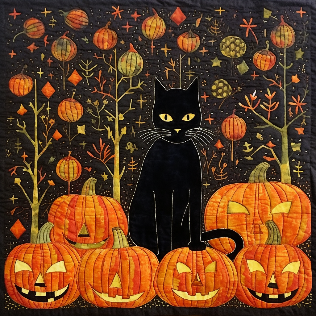 Black cat with Halloween pumpkin kantha.