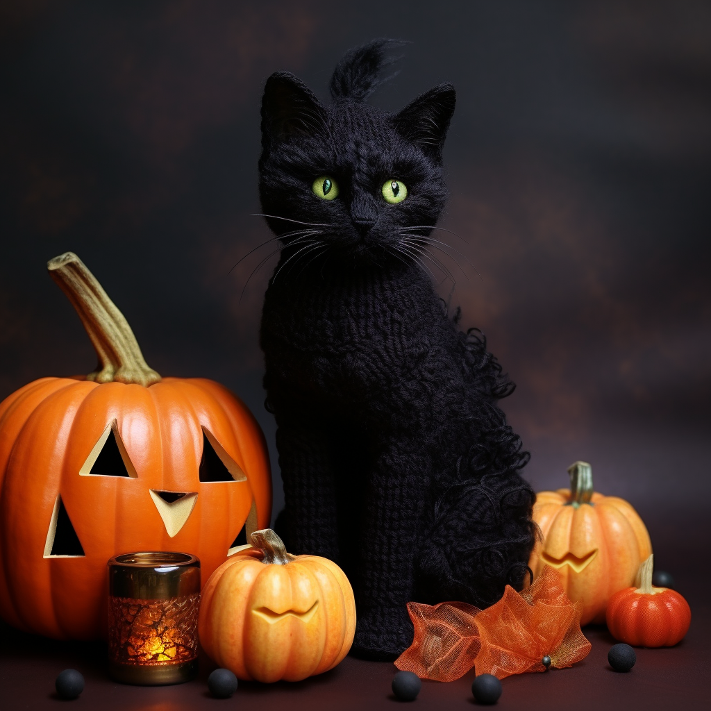 Adorable black cat and Halloween pumpkin in knitted art