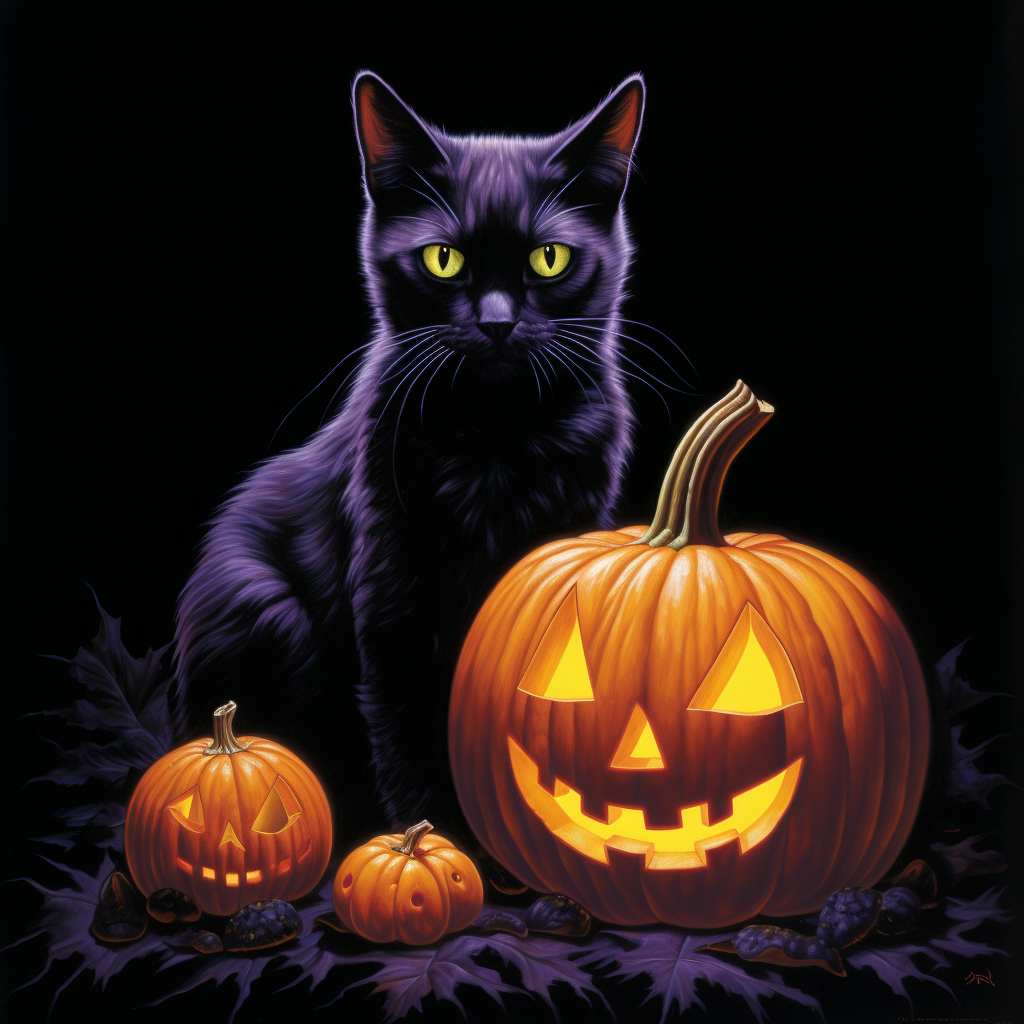 Black cat and Halloween pumpkin in black light