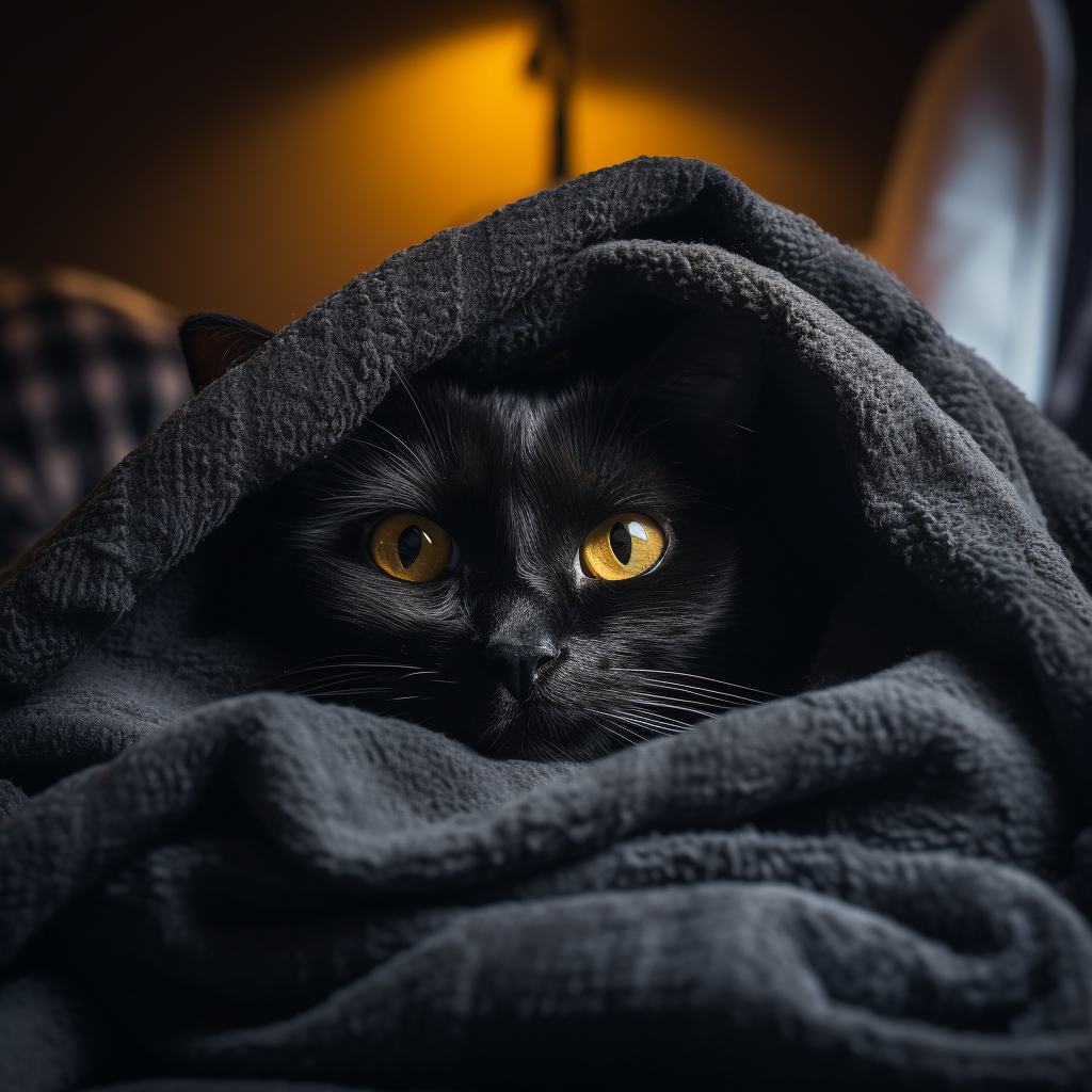 Adorable black cat wrapped in a blanket