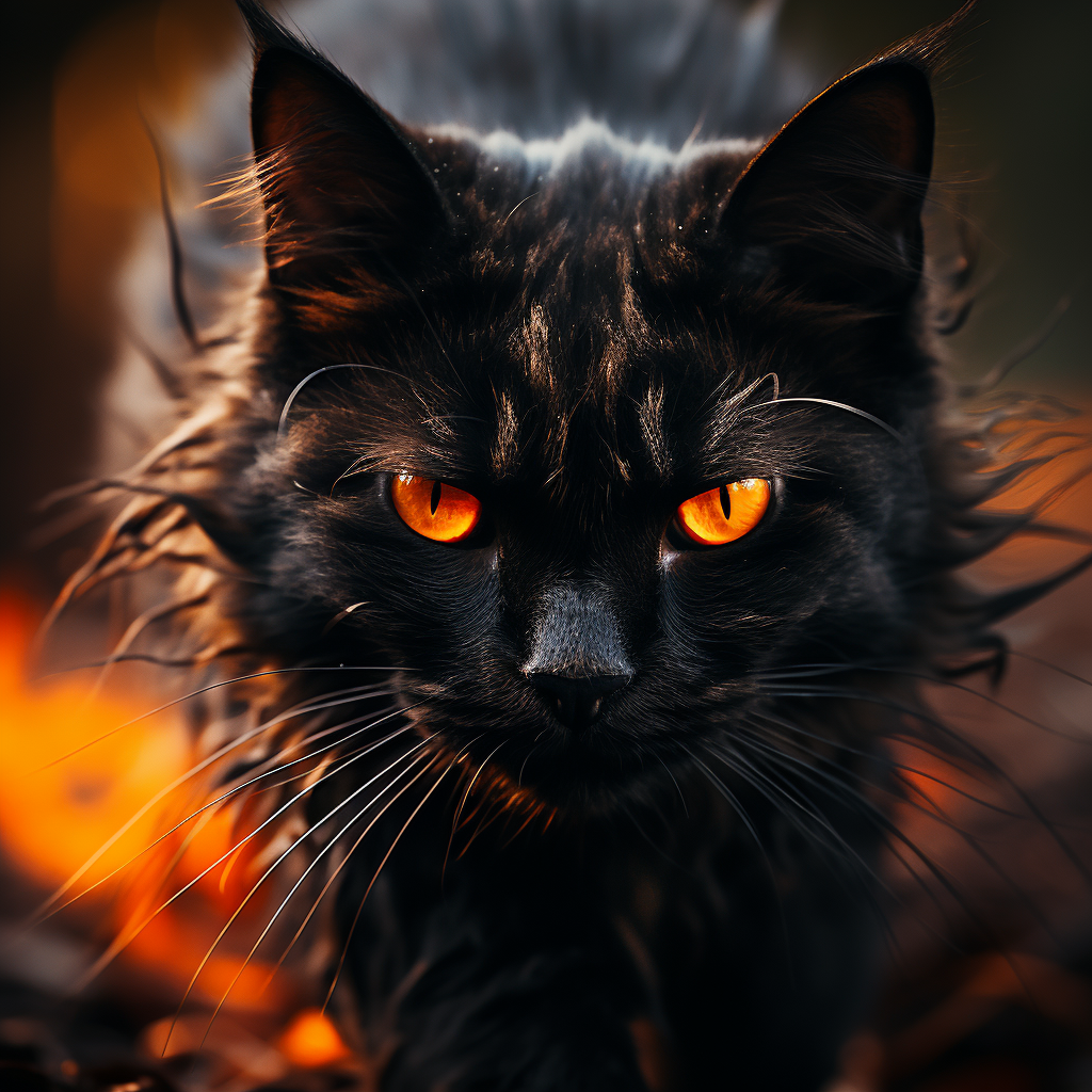 Majestic black cat with fiery scars and hopeful golden eyes