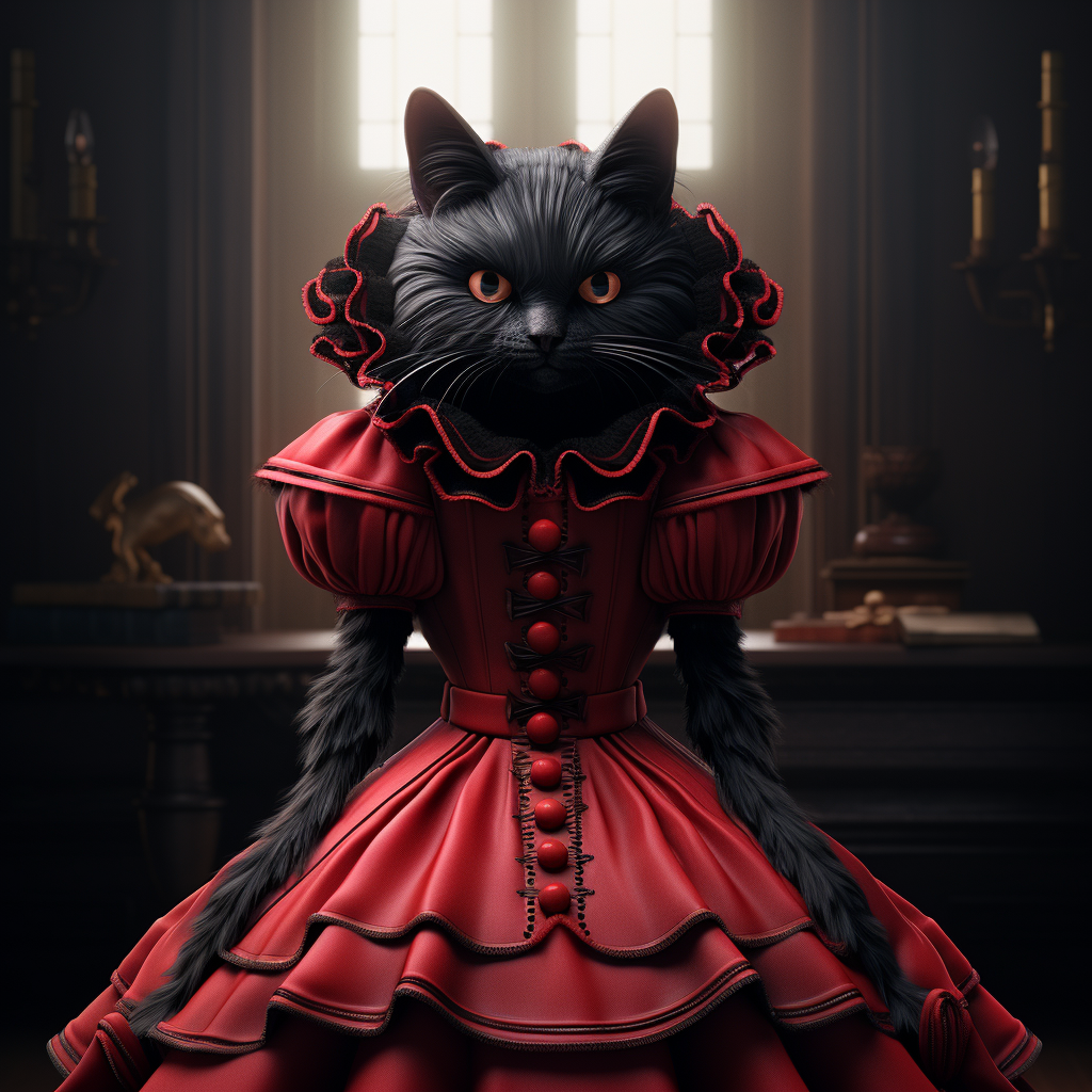 Black cat in red dress