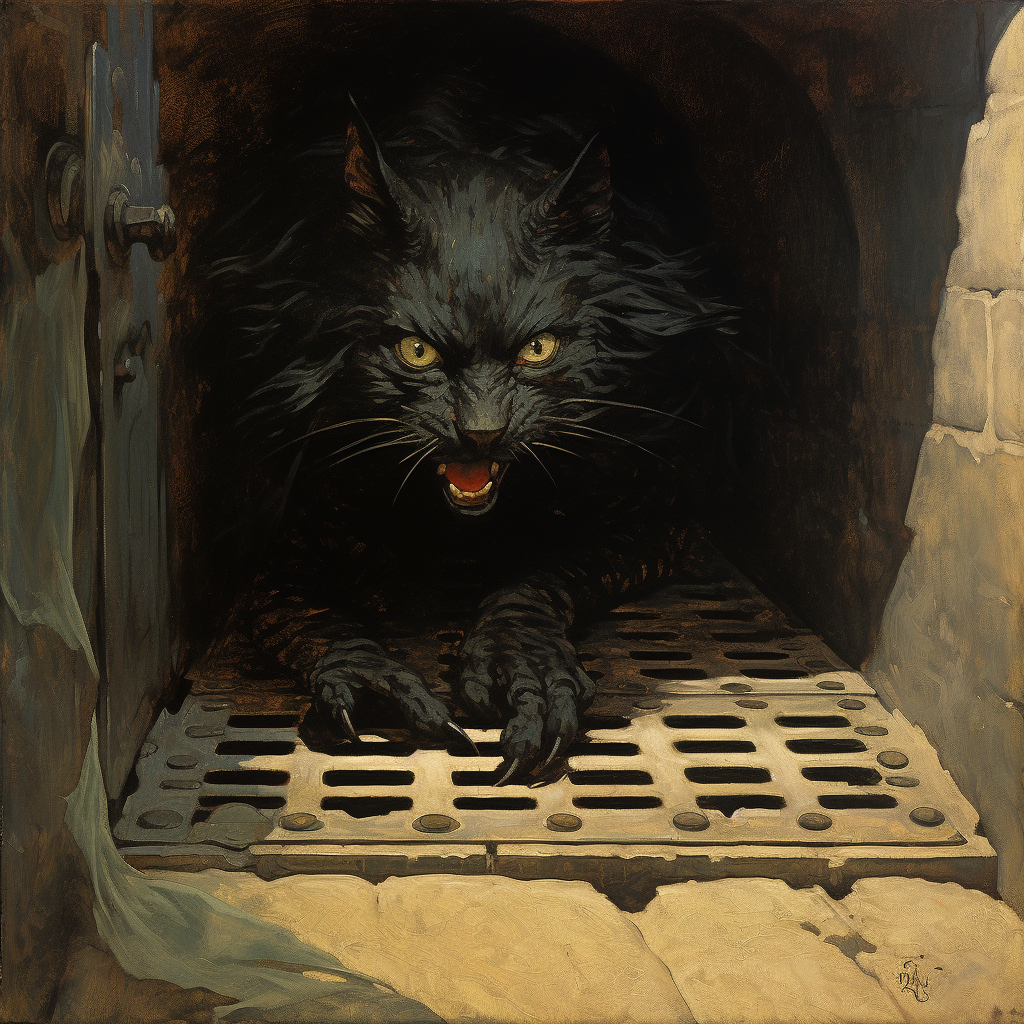 Black cat whispering to hidden creatures in air vent grate