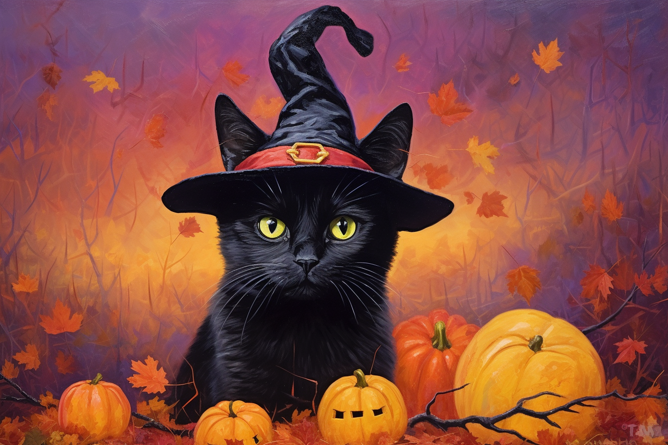 Charming black cat in a witch hat surrounded by vibrant fall colors