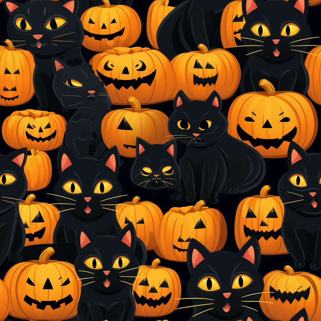 Halloween Pattern with Black Cats and Jack-O-Lanterns