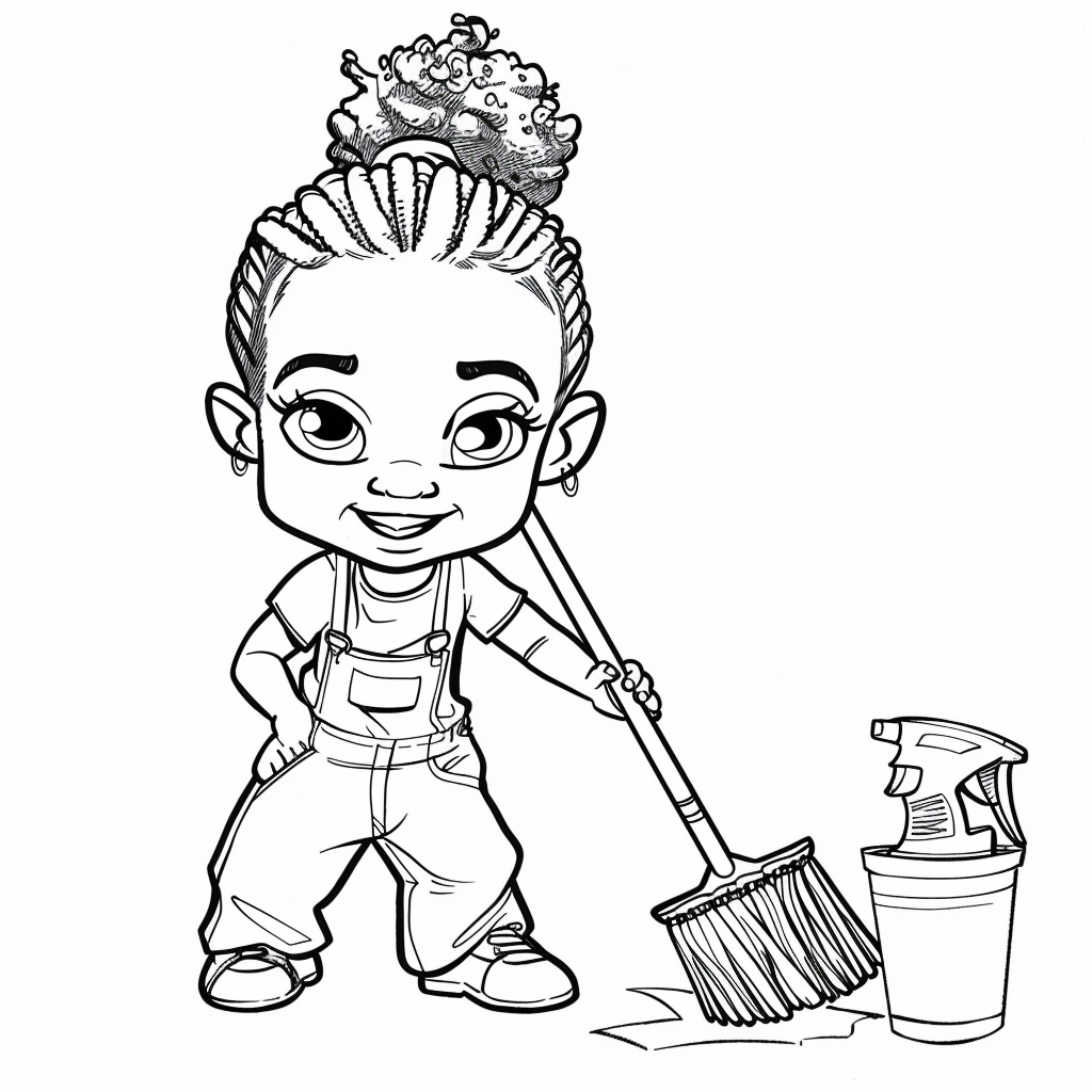 Black child doing chores cartoon