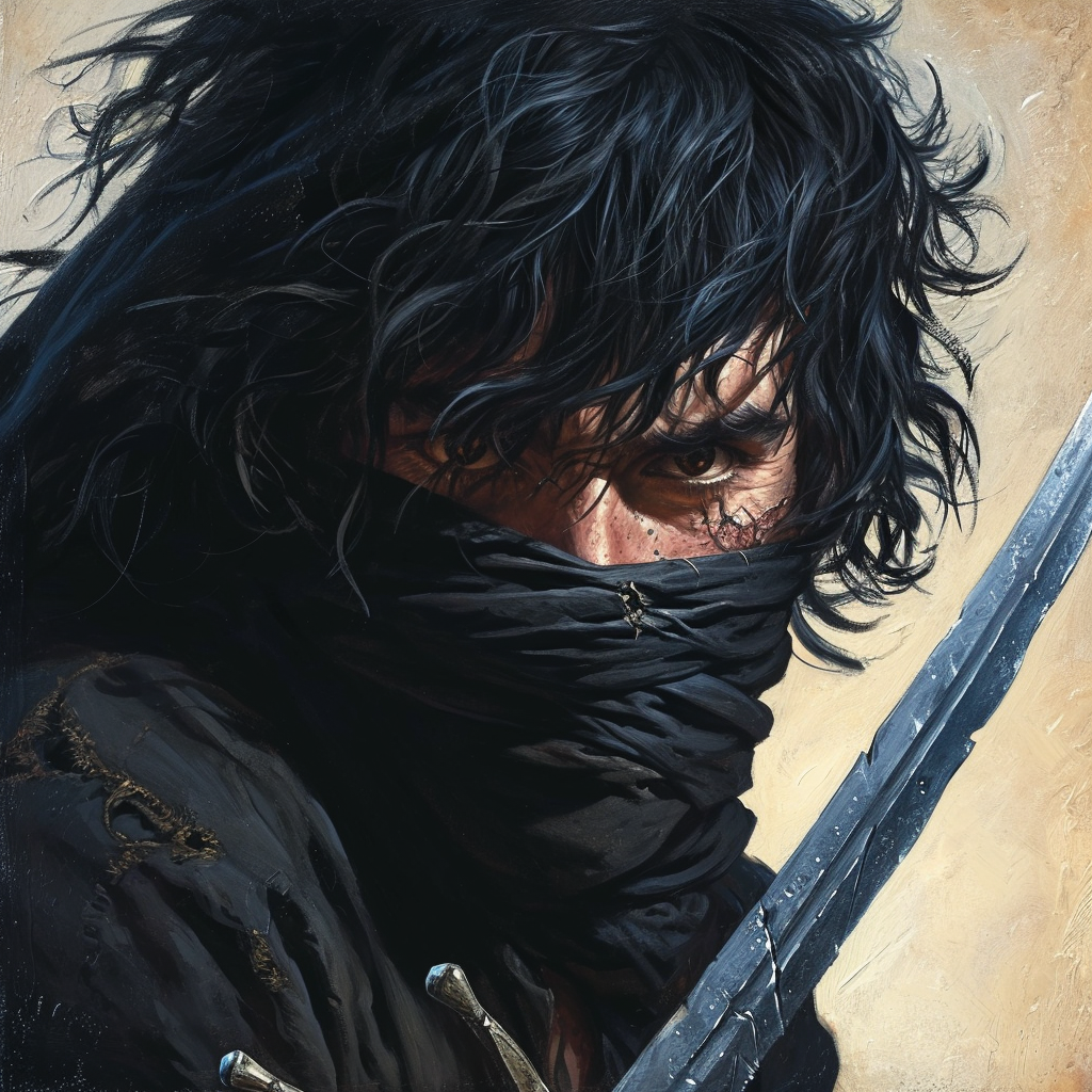 Illustration of a Scarred Human Bandit with a Curved Knife