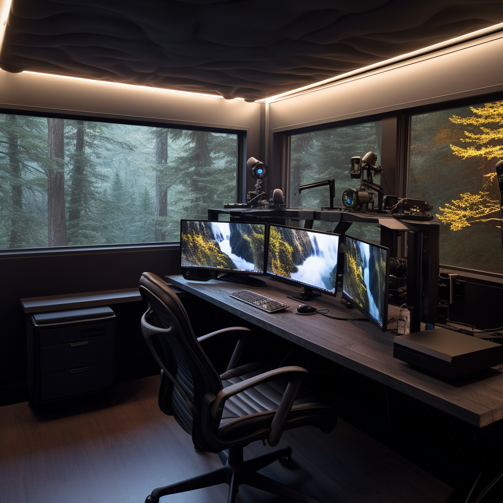 Stylish black concrete  L  desk room with monitors and windows