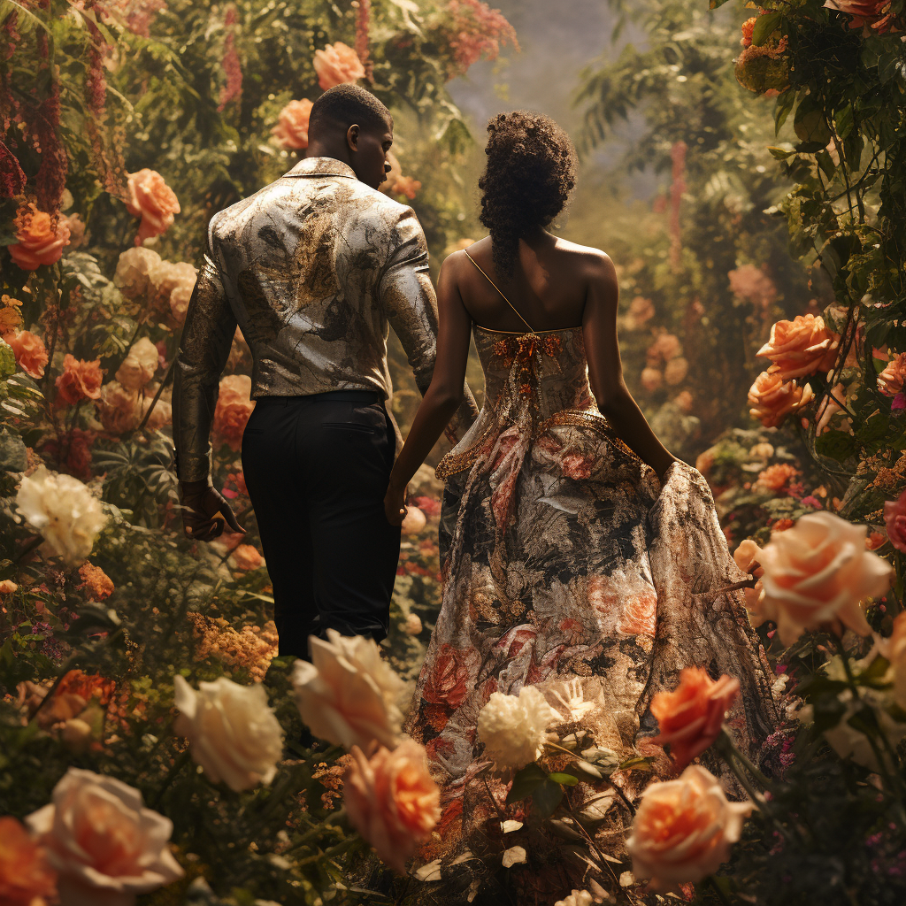 Black couple walking in flower garden