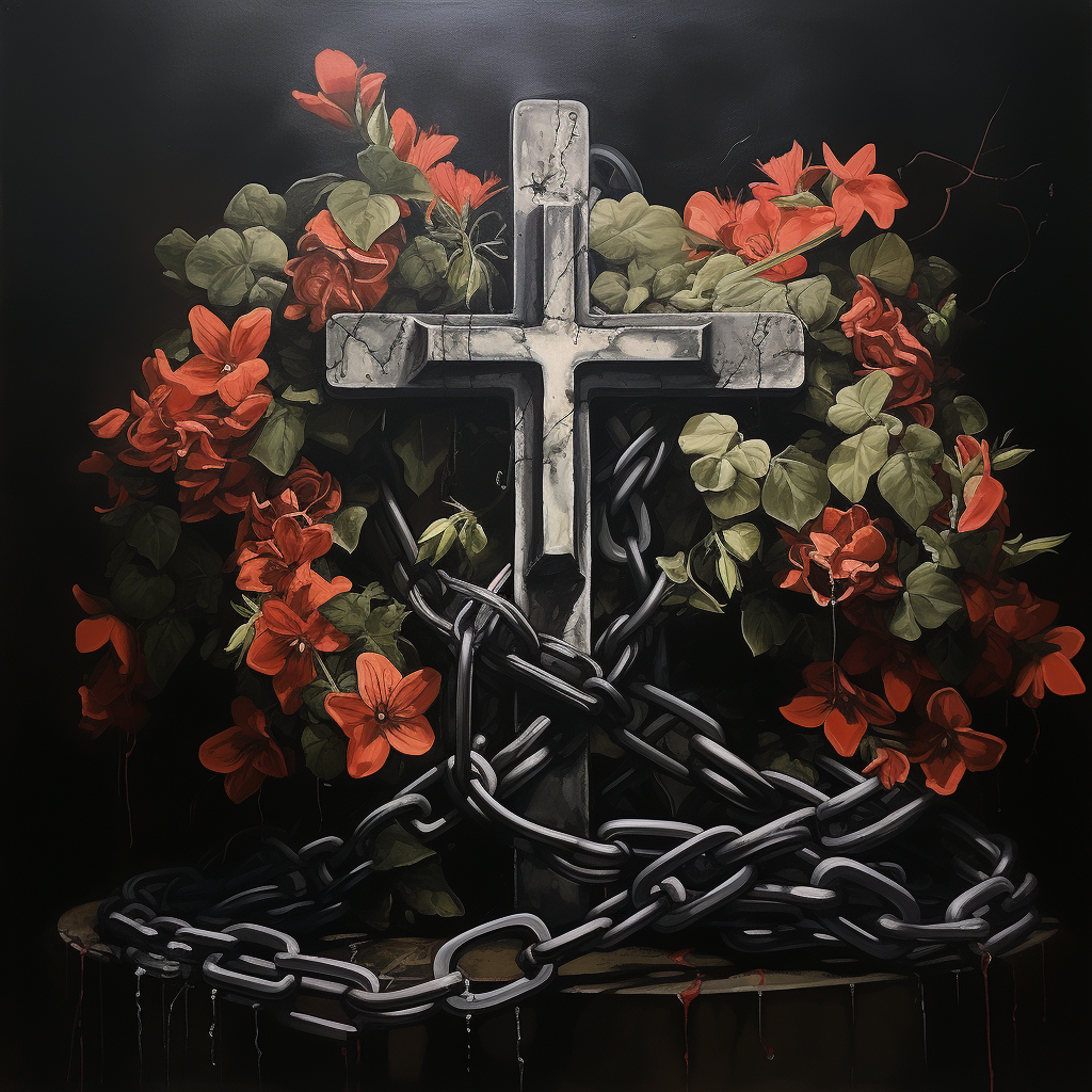 Black cross with handcuffs and flower pots