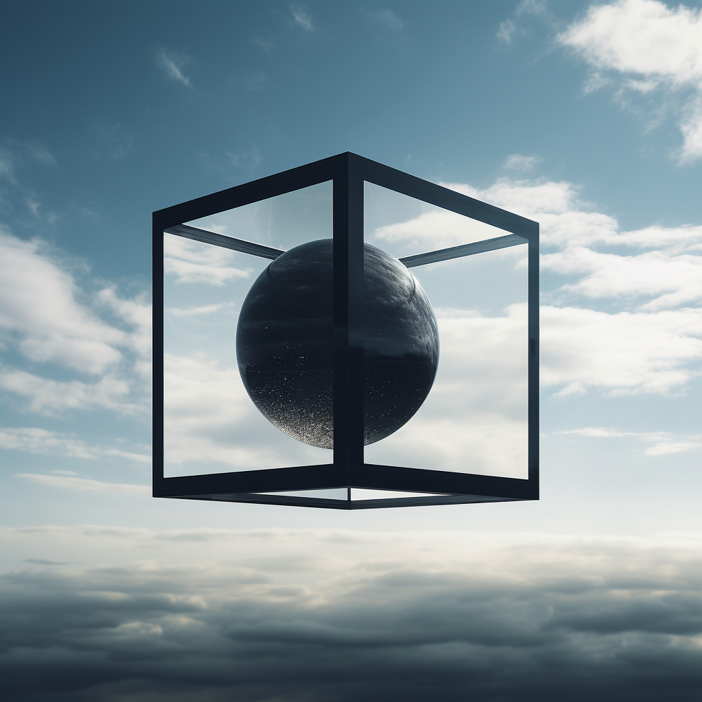 Black cube inside glass sphere in the sky