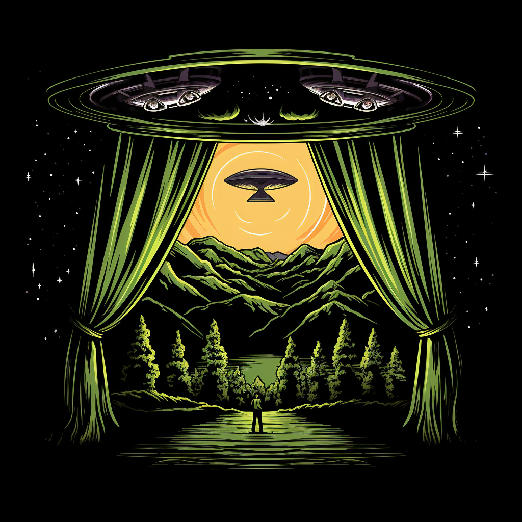 Black curtains with flying UFOs