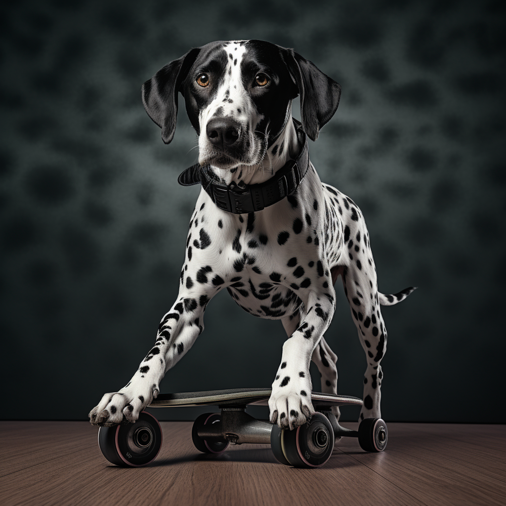 Playful black Dalmation on rollerskates