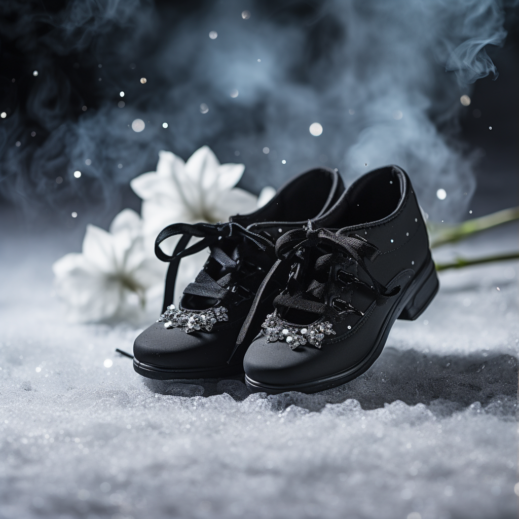 frosty snowflakes on black dance shoes