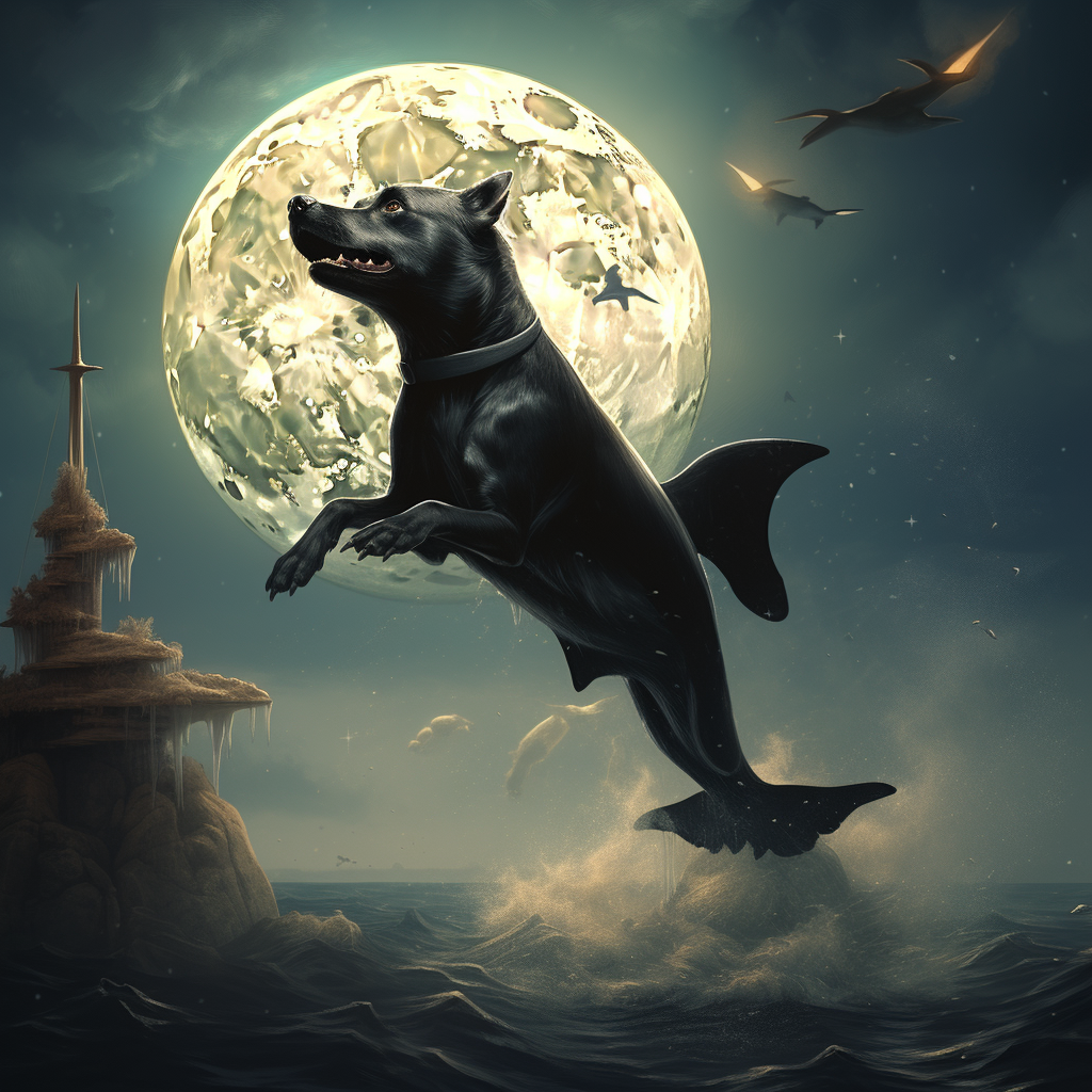 Exciting image of black dog jumping over moon with dolphin