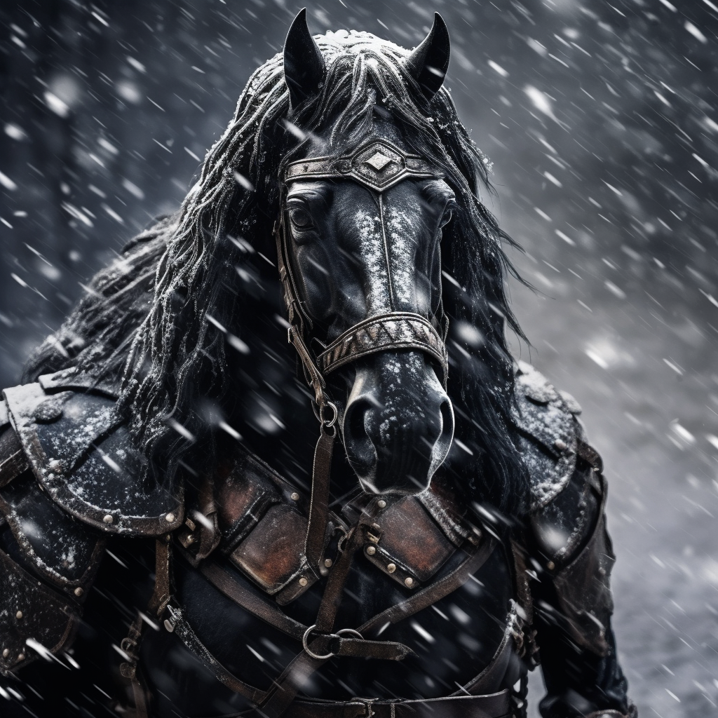 Powerful black draft horse in snow