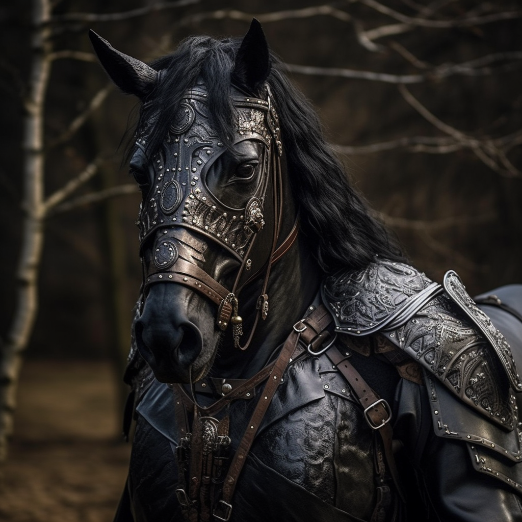 Black Draft Horse in Leather Armor with Stunning Eyes