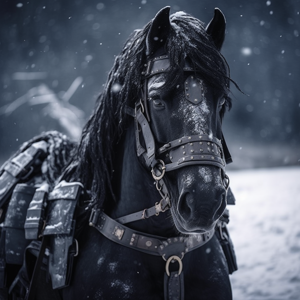 A leather-armored black draft horse with stunning eyes