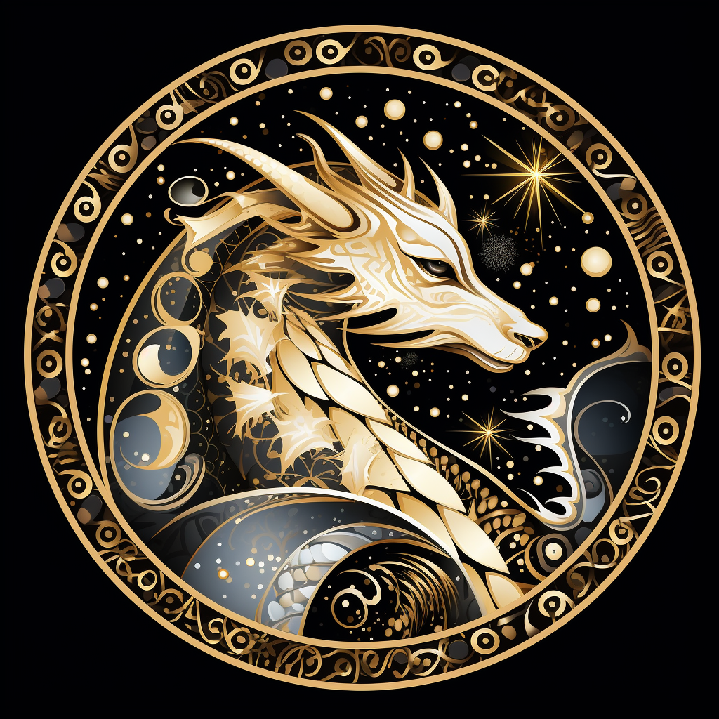 Cartoon Black Dragon on Gold Background with Snowflakes