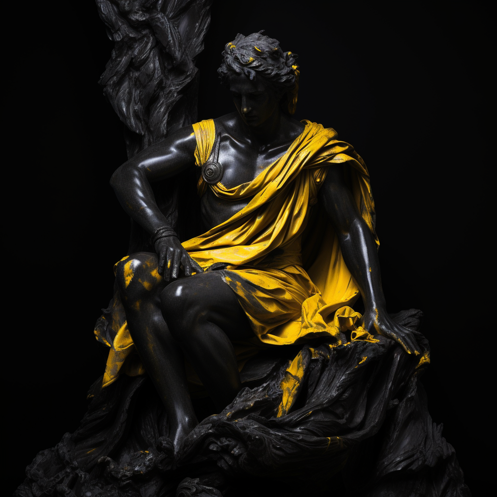 Dramatic black and white statue with yellow paint