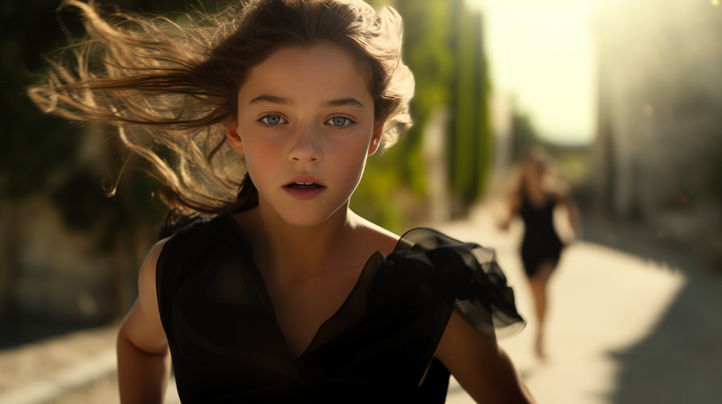 Girl in black dress running close-up