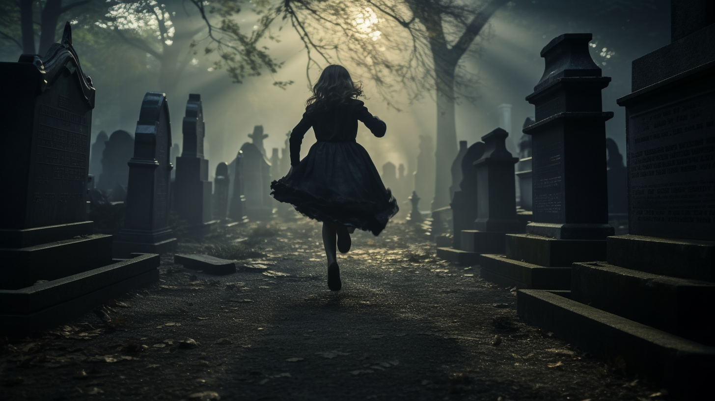 Girl in Black Dress Running in Graveyard