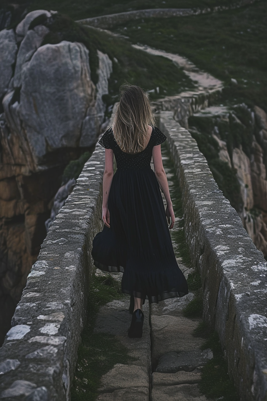 Woman in black dress walking on narrow bridge