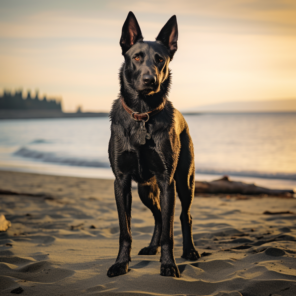 Beautiful black Dutch Shepherd on the beach