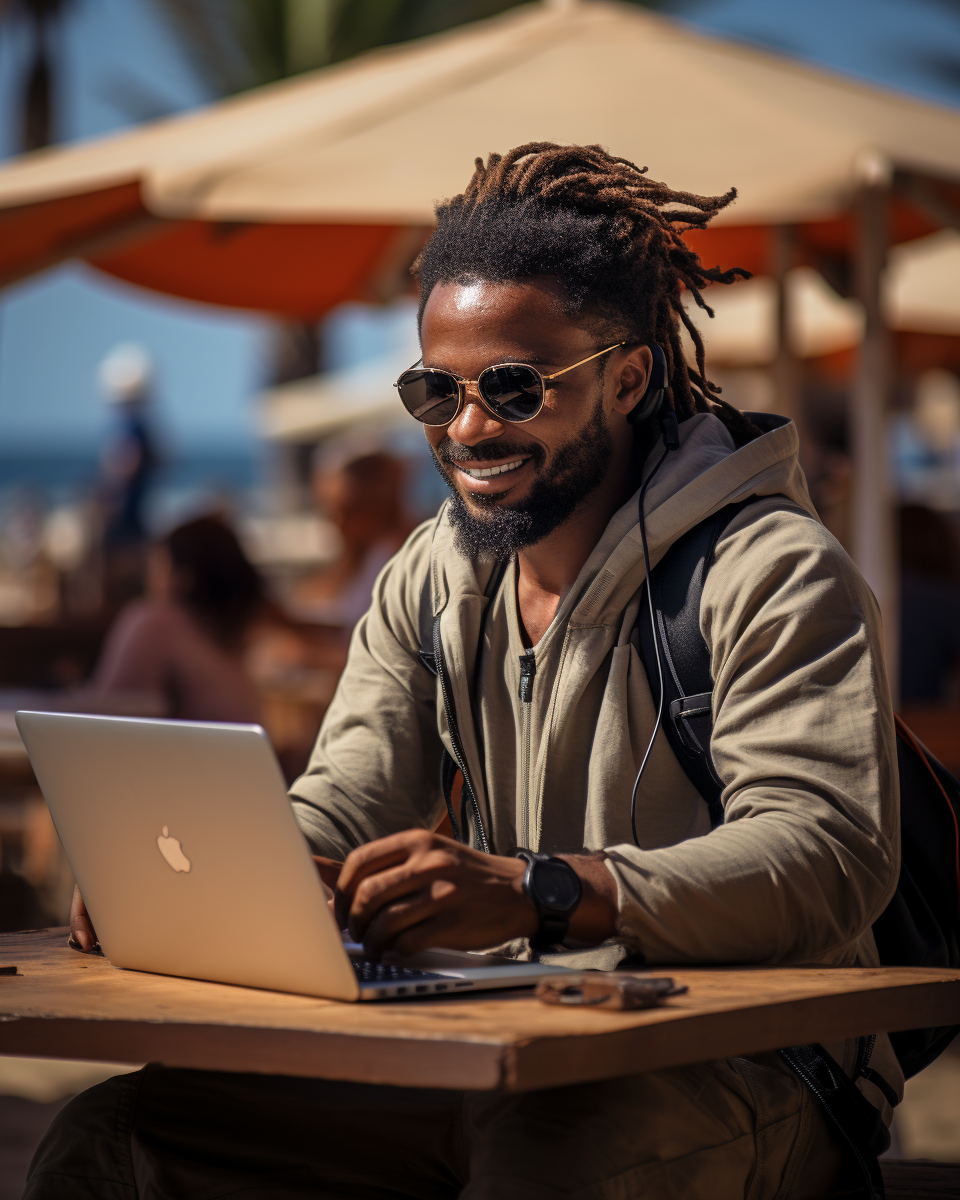 Black entrepreneur working on beach with kitesurfers